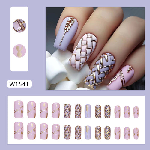 24 Pieces Removable Square Medium Length Nail Tips with Wheat Ear Plaid Pattern - Press-On False Nails