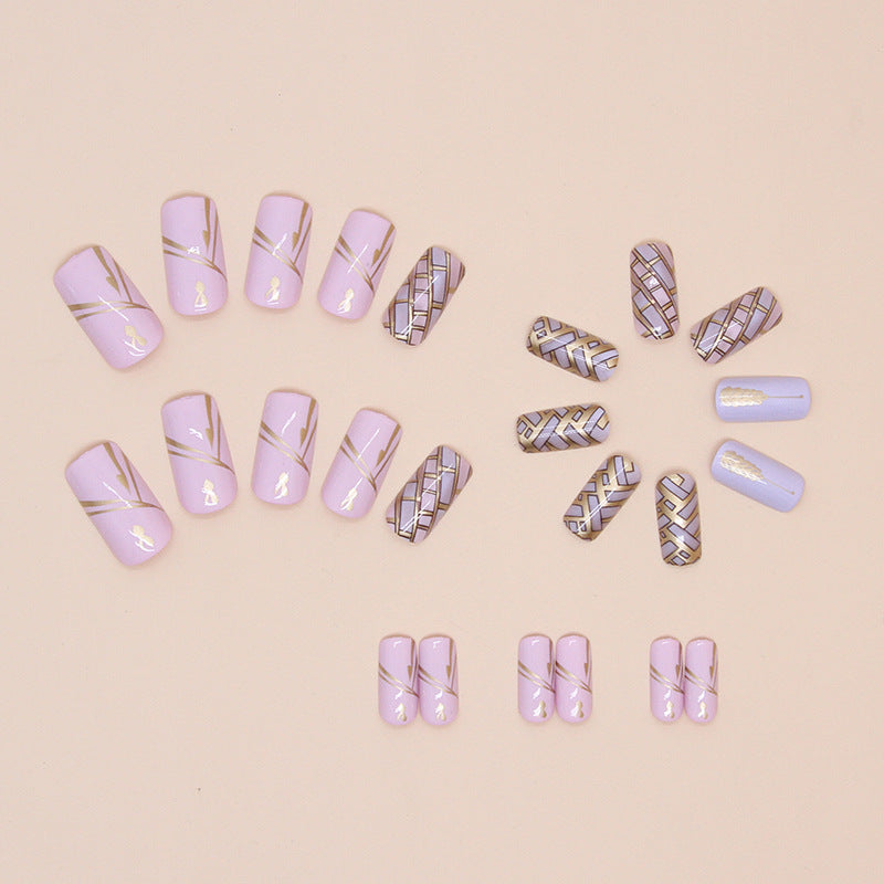 24 Pieces Removable Square Medium Length Nail Tips with Wheat Ear Plaid Pattern - Press-On False Nails