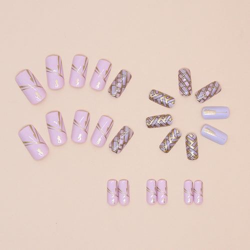 24 Pieces Removable Square Medium Length Nail Tips with Wheat Ear Plaid Pattern - Press-On False Nails
