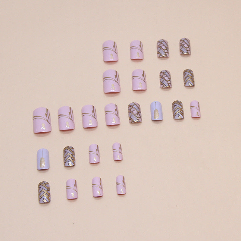 24 Pieces Removable Square Medium Length Nail Tips with Wheat Ear Plaid Pattern - Press-On False Nails