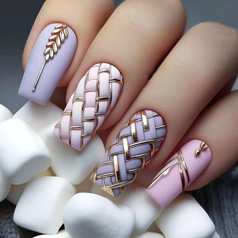24 Pieces Removable Square Medium Length Nail Tips with Wheat Ear Plaid Pattern - Press-On False Nails