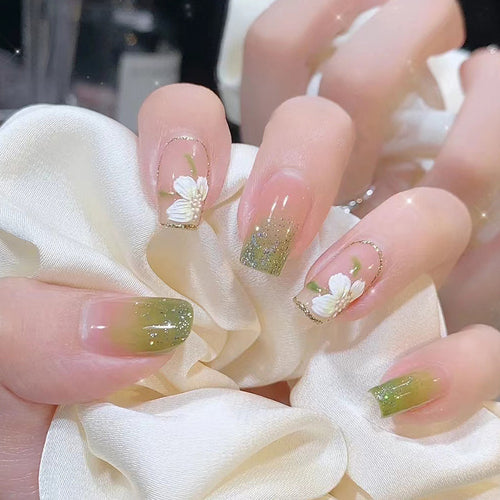 Romantic White Camellia with Gradient Glitter & Fresh Light Green Natural Style Press-On Nails