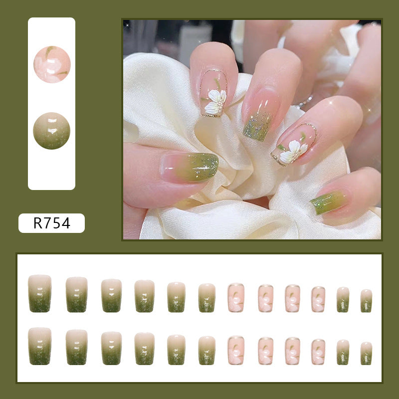 Romantic White Camellia with Gradient Glitter & Fresh Light Green Natural Style Press-On Nails