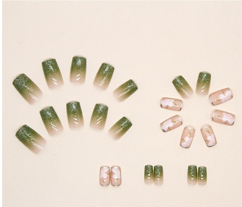 Romantic White Camellia with Gradient Glitter & Fresh Light Green Natural Style Press-On Nails
